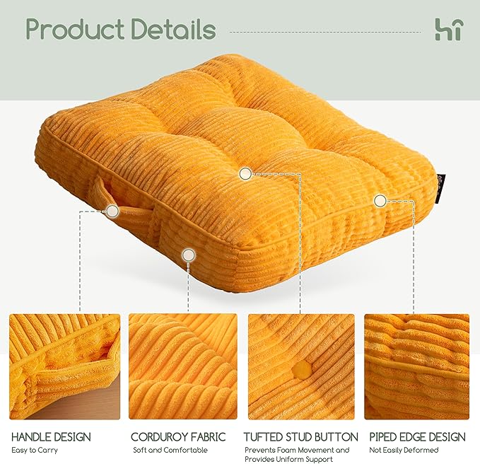 Washable Floor Pillow Cushion for Adults, Meditation Cushion Pillow, Large Square Floor Sitting, Removable Tufted Corduroy Cover, for Tatami Living Room or Yoga, 22x22 Inch, 2Pack, Machine Washable