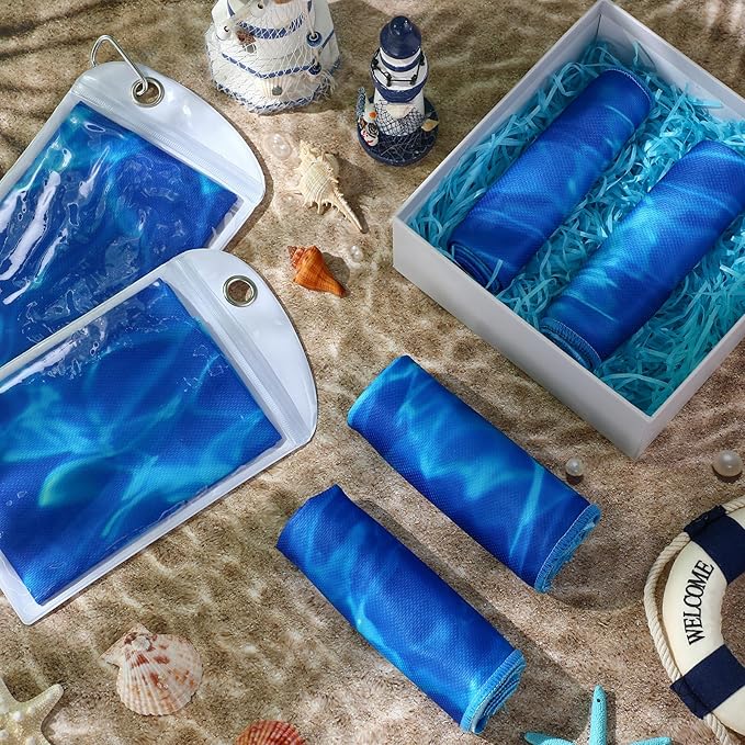 Frienda 6 Pack Cooling Towels 40"x12" Ocean Themed Sports Towels with Bags Breathable Chilly Towel Ice Microfiber Towel Fast Drying for Beach Swim Yoga Running Workout Gym Camping Fitness(Ocean Wave)
