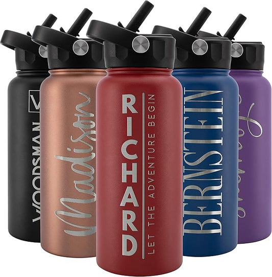 Amazing Items Personalized Water Bottle w/Straw & Lid, 32 oz - Fire Red | Custom Stainless Steel Sports Water Bottle w/Name and Text - Double-Wall, Vacuum Insulated - Rotating Handle