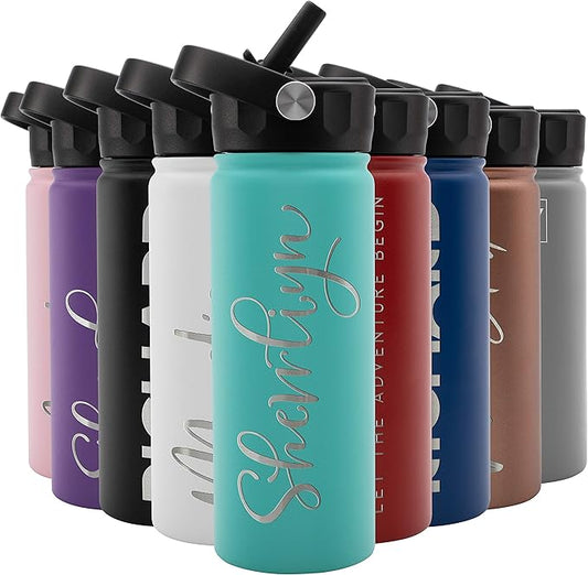 Amazing Items Personalized Water Bottle w/Straw & Lid, 18 oz - Teal | Custom Stainless Steel Sports Water Bottle w/Name and Text - Double-Wall, Vacuum Insulated - Rotating Handle
