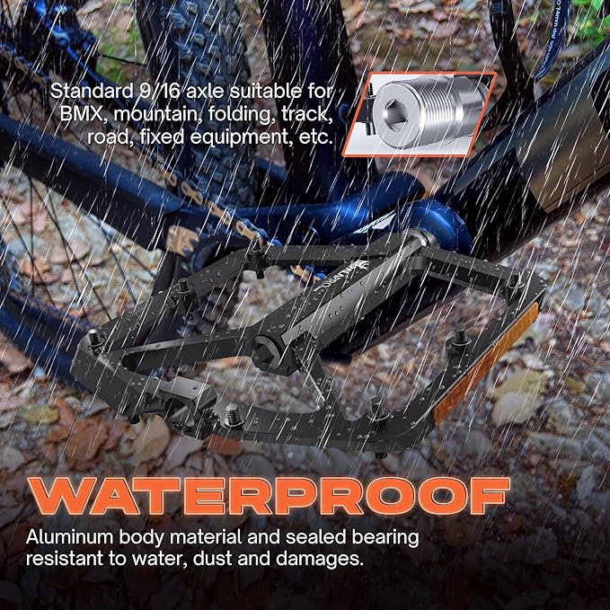 Flat Bike Pedals with Reflectors CNC Aluminium 9/16” – MTB Pedals with Extra Wide Platform and Removable Anti-Slip Pins – Lightweight Pedals for Mountain Bike & Road Bike 294 g