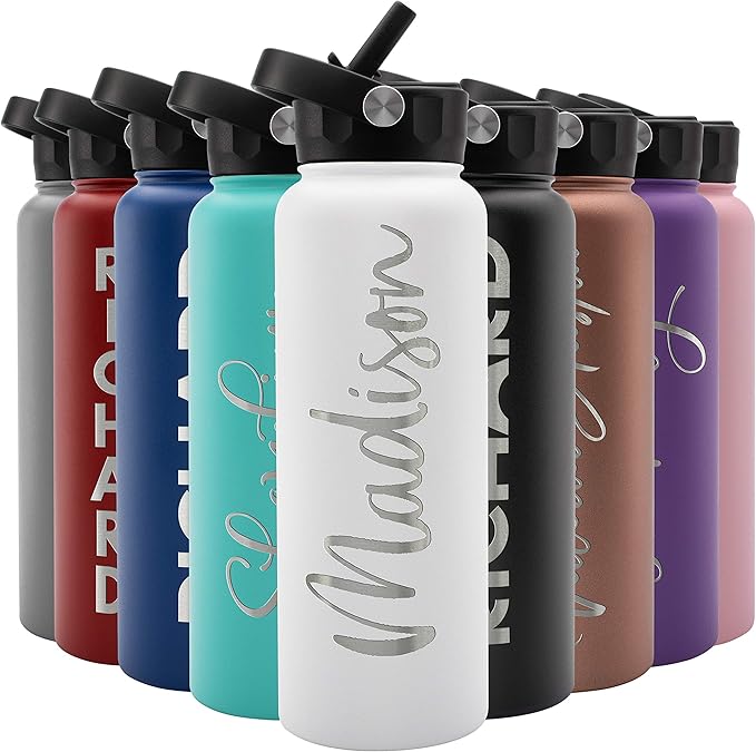 Amazing Items Personalized Water Bottle w/Straw & Lid, 40 oz - White | Custom Large Stainless Steel Sports Water Bottle w/Name and Text - Double-Wall, Vacuum Insulated - Rotating Handle