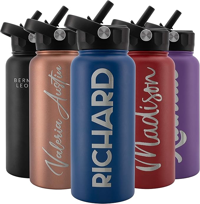 Amazing Items Personalized Water Bottle w/Straw & Lid, 32 oz - Navy Blue | Custom Stainless Steel Sports Water Bottle w/Name and Text - Double Wall, Vacuum Insulated - Rotating Handle