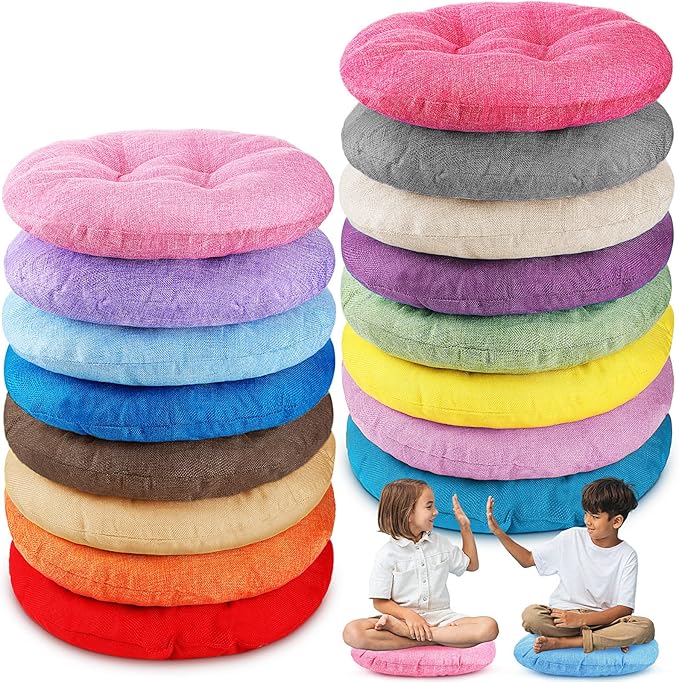 Fumete 16 Pcs 16 Inch Round Floor Cushions for Kids and Toddlers, Flexible Seating Classroom Furniture Floor Pillow for Home, Daycare, Preschool, Yoga and Meditation (Cute)