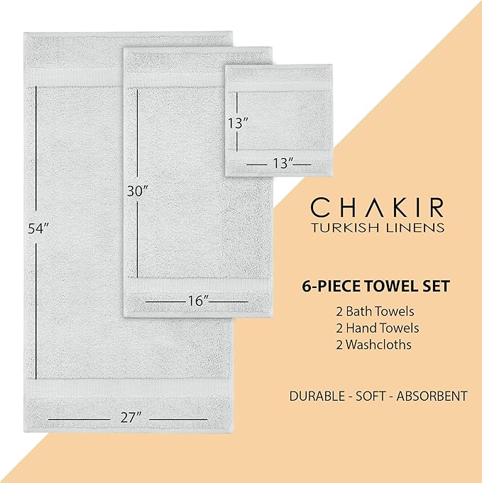 Chakir Turkish Linens Luxury Spa and Hotel Quality Premium Cotton 6-Piece Towel Set (2 x Bath Towels, 2 x Hand Towels, 2 x Washcloths, Silver Gray)