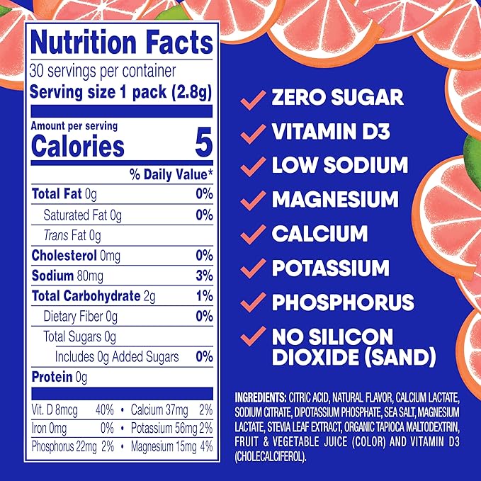 GoHydrate Instant Hydration Powder Packets - Low Sodium Electrolytes Drink Mix - Natural Hydration Support, Sugar Free Electrolyte Flavored Powder Drink with Vitamin D, 30 Packs, Grapefruit