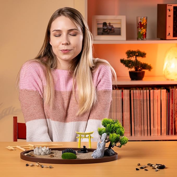 Zen Garden for Desk 13x8in – Japanese Decor with Buddha, Artificial Bonsai Tree, Tools & Accessories – Mini Zen Garden Kit for Office Desk, Home, Meditation Room, Desktop Gift Set