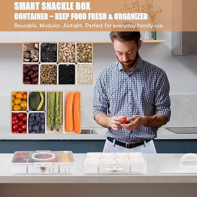 Stackable Snackle Box Container with 2 Lids - BPA-Free Snackle box Organizer, Dishwasher & Microwave Safe Reusable Snacklebox for Veggies, Fruits, Charcuterie, Snacks (White, 2 Pack)