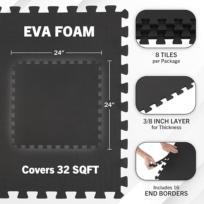 EVA Foam Mat Tiles 8-Pack - 32 SQ FT of Interlocking Padding for Garage, Playroom, or Gym Flooring - Exercise Mat or Baby Playmat by Stalwart (Black)