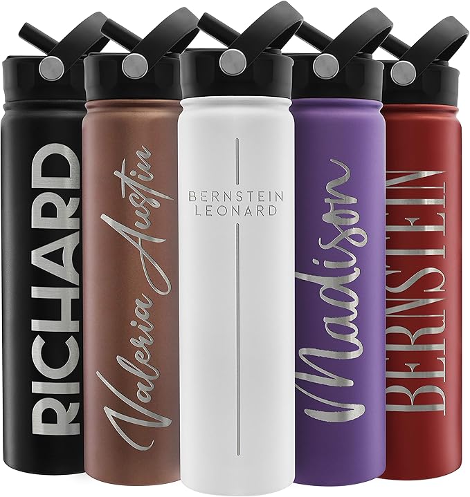 Amazing Items Personalized Water Bottle w/Straw & Lid, 24 oz - White | Custom Stainless Steel Sports Water Bottle w/Name and Text - Double-Wall, Vacuum Insulated - Rotating Handle