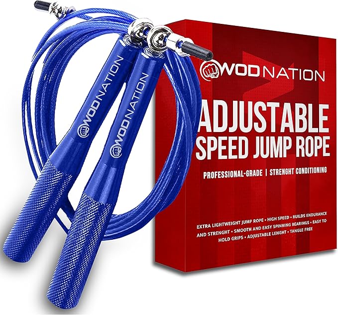 WOD Nation Adjustable Jump Rope - Blue, 10 ft Adjustable Length - High-Speed Cable Skipping Rope with Smooth 360° Rotation - Aluminum Grip Handles for Boxing & HIIT Fitness