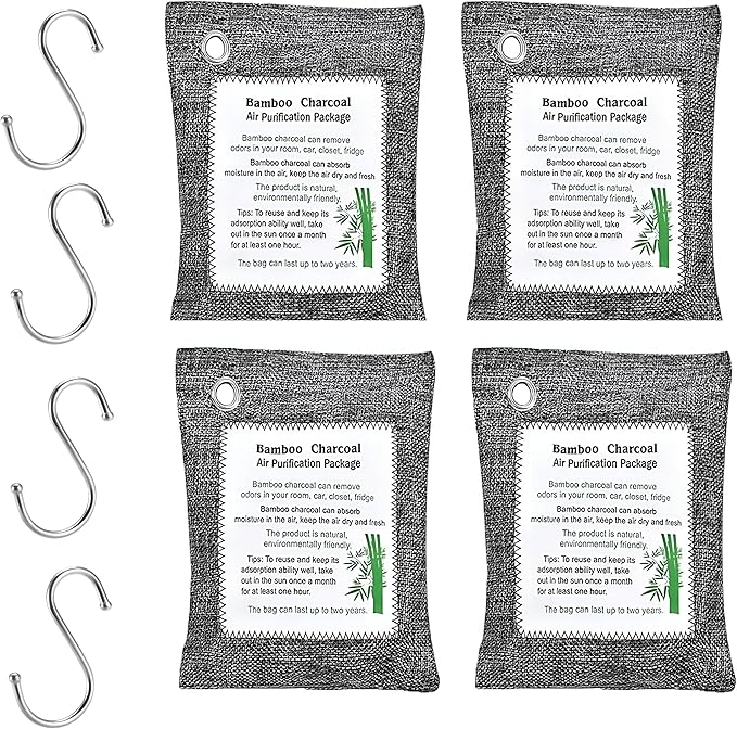 Bamboo Charcoal Air Purifying Bags (4-Pack, 200g Each) – Natural Odor Eliminator & Moisture Absorber for Home, Car, Closets, Bathrooms – Eco-Friendly, Reusable Deodorizer