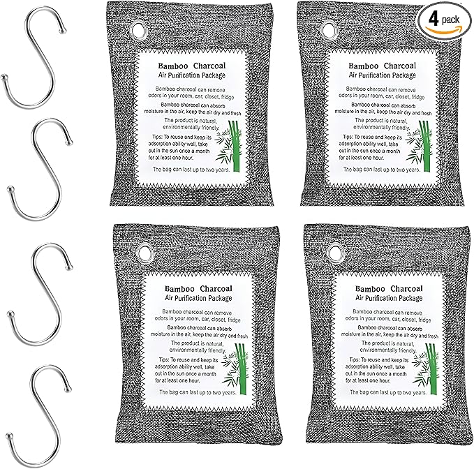Bamboo Charcoal Air Purifying Bags (4-Pack, 200g Each) – Natural Odor Eliminator & Moisture Absorber for Home, Car, Closets, Bathrooms – Eco-Friendly, Reusable Deodorizer