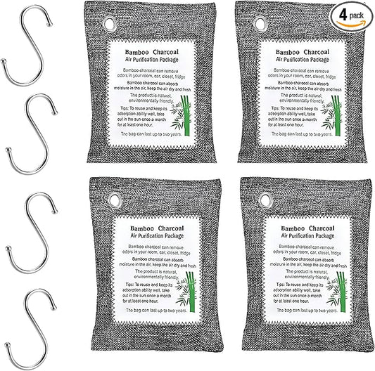 Bamboo Charcoal Air Purifying Bags (4-Pack, 200g Each) – Natural Odor Eliminator & Moisture Absorber for Home, Car, Closets, Bathrooms – Eco-Friendly, Reusable Deodorizer