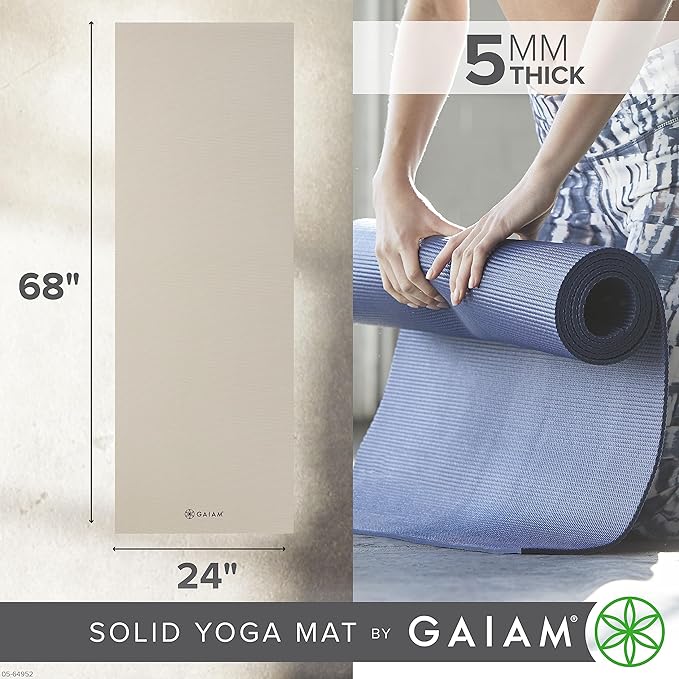 Gaiam Yoga Mat - Premium 5mm Solid Thick Non Slip Exercise & Fitness Mat for All Types of Yoga, Pilates & Floor Workouts (68" x 24" x 5mm)