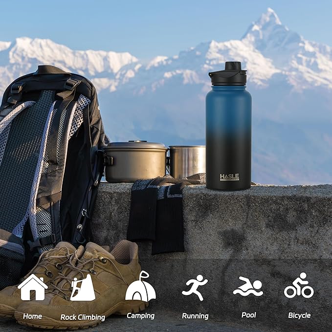 HASLE OUTFITTERS 32 oz Insulated Water Bottle Stainless Steel Double Walled Vacuum Sports Water Bottle with 2 Lids (Straw and Spout Lid) for Gym Camping Hiking(Blue Black Gradient,1)