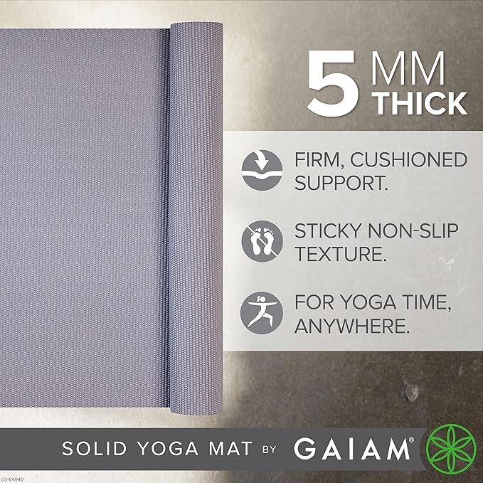 Gaiam Yoga Mat - Premium 5mm Solid Thick Non Slip Exercise & Fitness Mat for All Types of Yoga, Pilates & Floor Workouts (68" x 24" x 5mm)