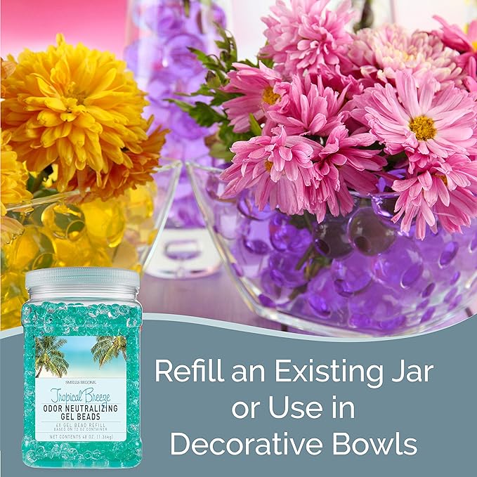 SMELLS BEGONE 48 oz Odor Eliminator Gel Bead Refill - Eliminates Odors in Bathrooms, Cars, Boats, RVs & Pet Areas - Air Freshener - Made with Essential Oils - Tropical Breeze Scent