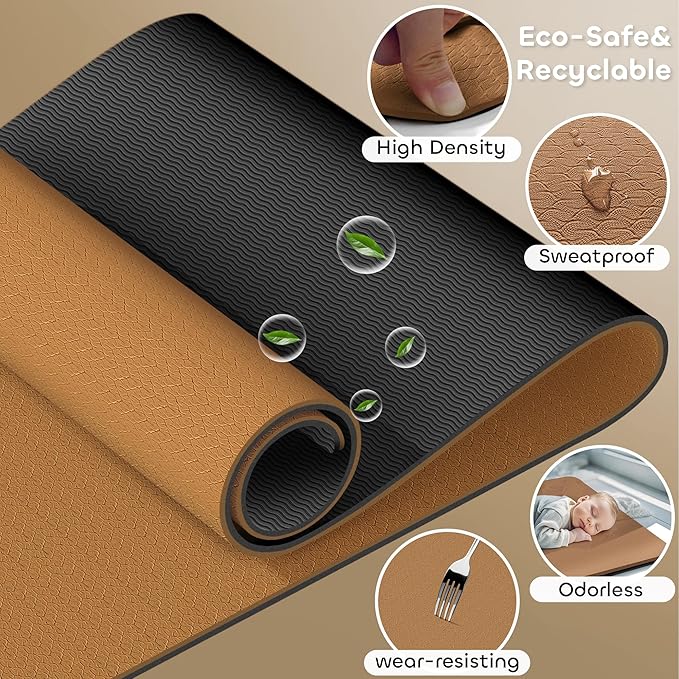 Non-slip TPE Yoga Mat for Women & Men,72"x24" Double-Sided Workout Mat for Home Gym Pilates Fitness,1/4 Inch Packable Lightweight Exercise Mat with Strap for Travel,Non Toxic Exercise Floor Mat