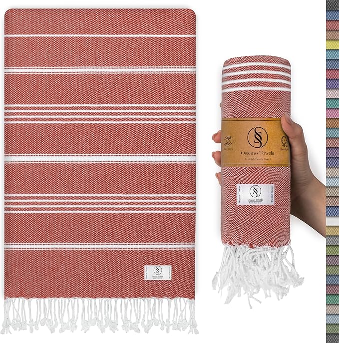 Turkish Beach Towel Striped & Soft Extra Large (39" x 71") - Quick Dry, Versatile and Functional as Yoga Mat, Gym, Outdoor and Shower Towel, Travel and Picnic Blanket - Red