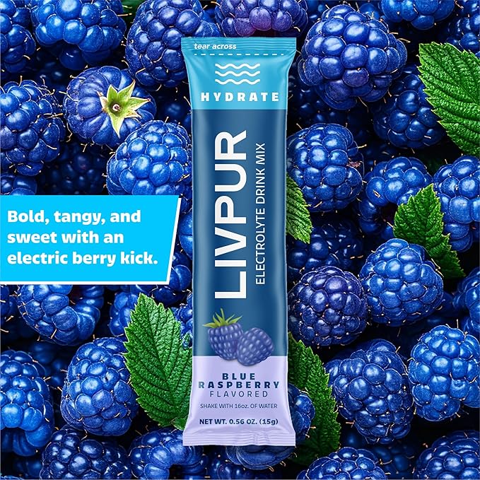 LivPur Electrolyte Drink Mix, Instant Hydration Powder with Vitamin C, B6, B12 & Essential Amino Acids for Muscle Support & Immune Health, Sports Essentials, Blue Raspberry Flavor, 15 Stick Packs