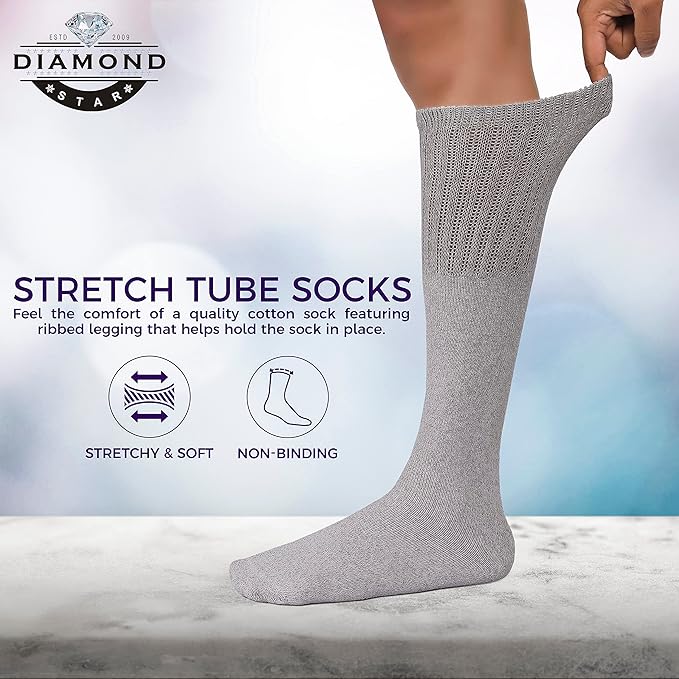 Diamond Star Men's 6 Pack Athletic Tube Socks Running Sports OVER THE CALF Full Cushioned Premium Soft Cotton Big and Tall