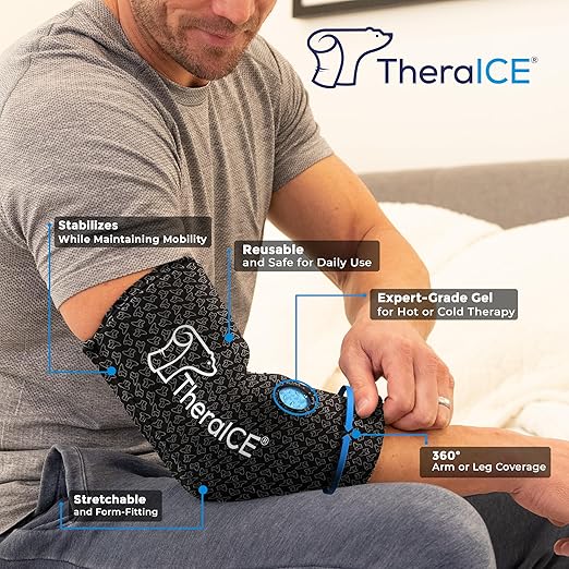 TheraICE Elbow Ice Pack PRO Compression Sleeve for Injuries, Reusable Gel Cold Packs Brace, Shin Splints, Calf Strain, Flexible Cold Wrap Recovery for Tennis Elbow, Tendinitis Pain Relief