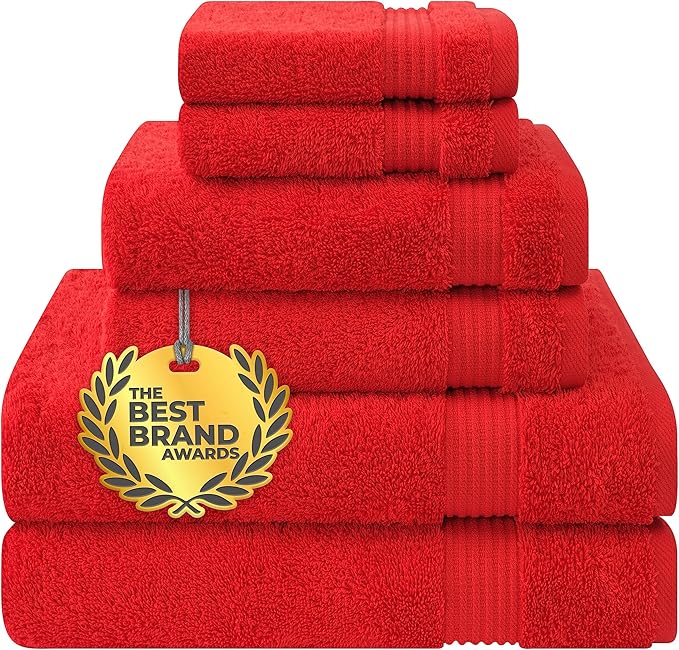 Cotton Paradise 6 Piece Towel Set, 100% Cotton Soft Absorbent Turkish Towels for Bathroom, 2 Bath Towels 2 Hand Towels 2 Washcloths, Red Towel Set