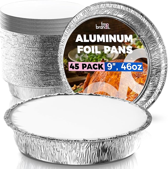 Fit Meal Prep 45 Pack 9” Round Aluminum Foil Pans with Lids, Pie Tins Disposable 9 inch with Lids, Take Out Containers, Freezer Oven Safe Aluminum Baking Pans for Storing, Cooking, Storage, Reheating