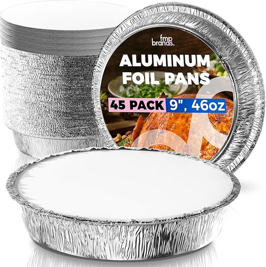 Fit Meal Prep 45 Pack 9” Round Aluminum Foil Pans with Lids, Pie Tins Disposable 9 inch with Lids, Take Out Containers, Freezer Oven Safe Aluminum Baking Pans for Storing, Cooking, Storage, Reheating