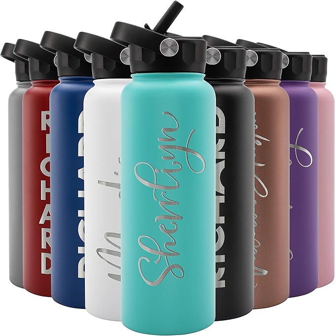 Amazing Items Personalized Water Bottle w/Straw & Lid, 40 oz - Teal | Custom Large Stainless Steel Sports Water Bottle w/Name and Text - Double-Wall, Vacuum Insulated - Rotating Handle