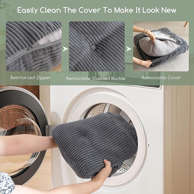 6" Washable Floor Pillow Cushion for Adults, Meditation Cushion Pillow, Large Square Floor Sitting, Removable Tufted Corduroy Cover, for Tatami Living Room or Yoga, 22x22 Inch, 2Pack, Machine Washable