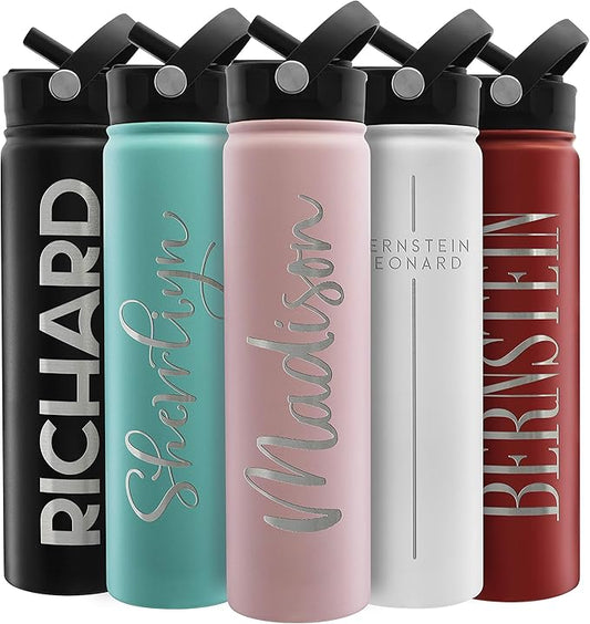 Amazing Items Personalized Water Bottle w/Straw & Lid, 24 oz - Pink | Custom Stainless Steel Sports Water Bottle w/Name and Text - Double-Wall, Vacuum Insulated - Rotating Handle