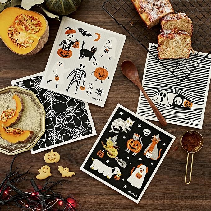 RECYCO Swedish Dishcloths for Kitchen | 4 Pack Halloween Wicked Whimsy Washable Dish Rags | Cellulose Reusable Cleaning Paper Towels | Absorbent Counter Dish Cloth Sponge Kitchen Wipes, 8" L x 7" W