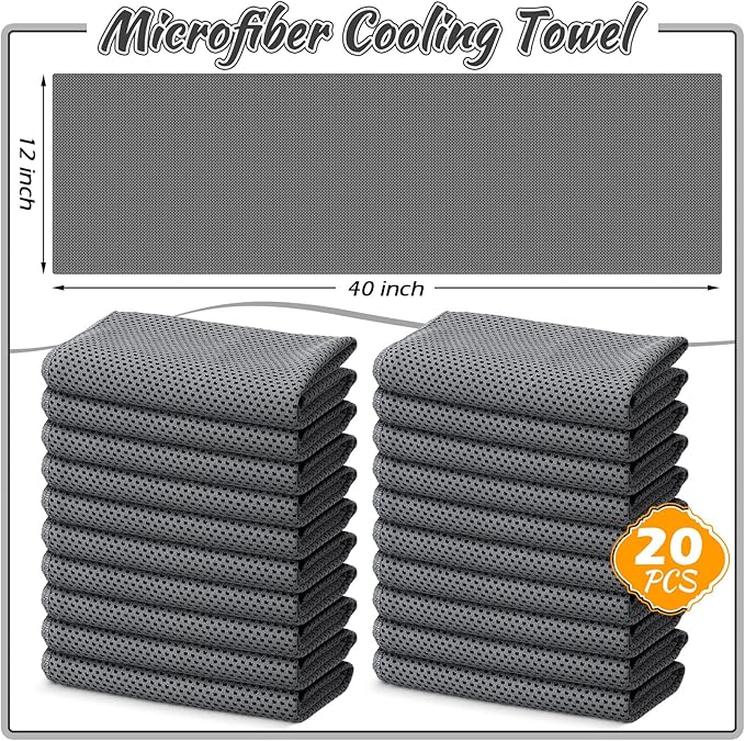 20 Pcs Cooling Towel 40" x 12" Ice Towel for Neck and Face Microfiber Chilly with Bag Breathable Yoga Gym Stay Cool Towels Sweat Rag for Workout Running Camping Pilates Beach Accessories (Dark Gray)