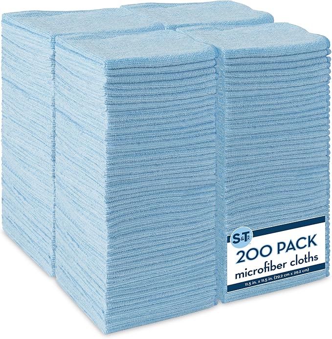 S&T INC. 200 Pack Microfiber Cleaning Cloth, Bulk Towels for Home, Reusable Microfiber Towels for Cars, Cleaning Rags, Light Blue, 11.5 Inches x 11.5 Inches, 200 Count