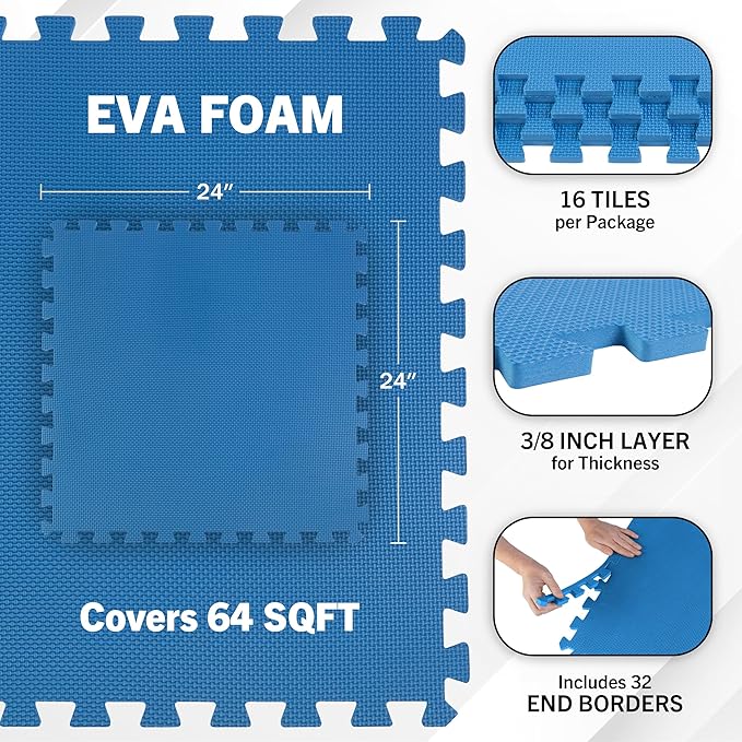 EVA Foam Mat Tiles 16-Pack - 64 SQ FT of Interlocking Padding for Garage, Playroom, or Gym Flooring - Workout Mat or Baby Playmat by Stalwart (Blue)