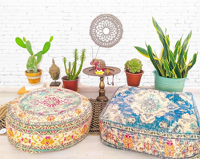 Blue Square Floor Pillow Cover Large Yoga Décor Cushion Moroccan Pouf Ottoman Boho Furniture Perfect for Living Room, Bedroom, Nursary or Children Room Seating Area Beanbag Footstool 24x8 Unstuffed