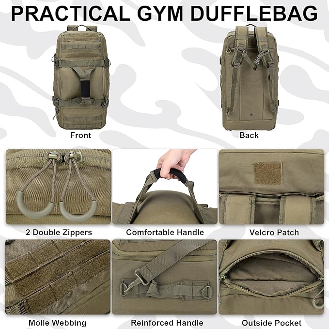 Gym Bag Duffle Bags Backpack Travel Duffle Bag with Weekend Overnight Bag for Outdoor Tactical Sports Travel Camping Hunting (Green, 60L)