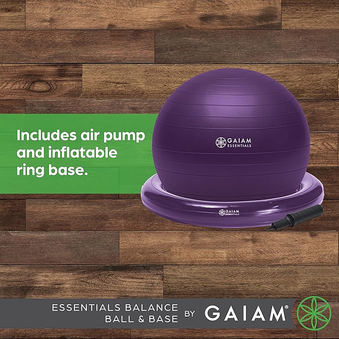 Gaiam Essentials Balance Ball & Base Kit, 65cm Yoga Ball Chair, Exercise Ball with Inflatable Ring Base for Home or Office Desk, Includes Air Pump