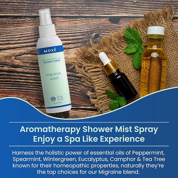 MOXE Migraine Relief Aromatherapy Shower Spray, Essential Oils for Headaches & Tension Relief, Natural 100% Essential Oils, Pure & Undiluted, Peppermint, Spearmint, Eucalyptus, Tea Tree, Made in USA …