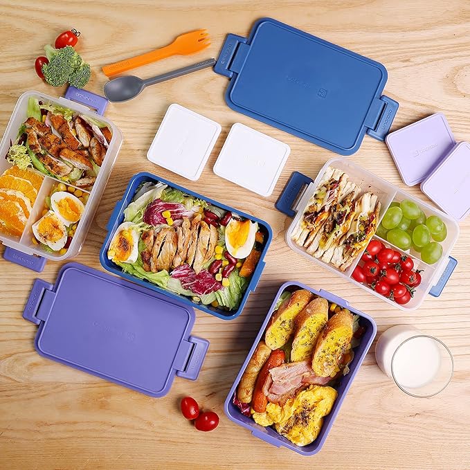 linoroso Stackable Bento Box Adult Lunch Box | Meet All You On-the-Go Needs for Food, Salad and Snack Box, Premium Bento Lunch Box for Adults Include Utensil Set, Dressing Containers - Classic Blue