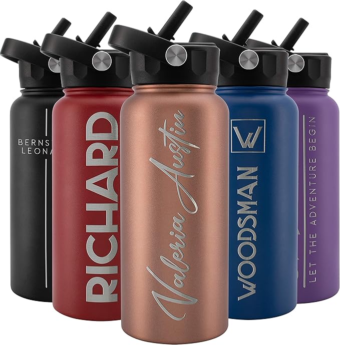Amazing Items Personalized Water Bottle w/Straw & Lid, 32 oz - Rose Gold | Custom Stainless Steel Sports Water Bottle w/Name and Text - Double-Wall, Vacuum Insulated - Rotating Handle