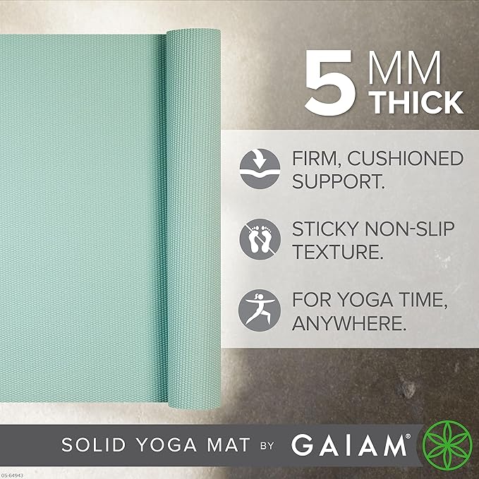 Gaiam Yoga Mat - Premium 5mm Solid Thick Non Slip Exercise & Fitness Mat for All Types of Yoga, Pilates & Floor Workouts (68" x 24" x 5mm)