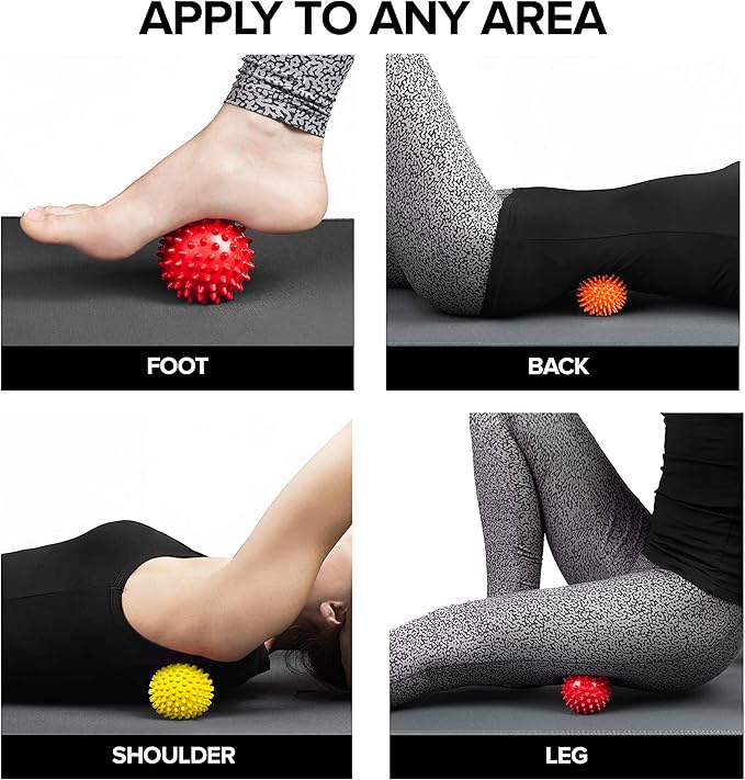 Spiky Massage Balls for Feet, Back, Hands, Muscles - Firm, Medium and Soft Spiked Massager Rollers for Plantar Fasciitis, Exercise, Neuro-Balance, Physical Therapy, 3-inch
