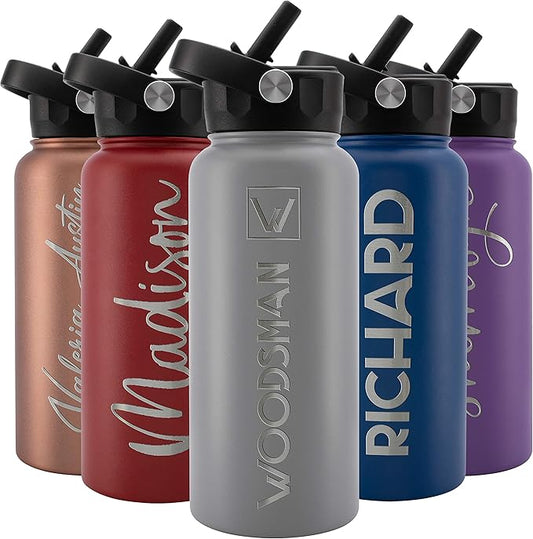 Amazing Items Personalized Water Bottle w/Straw & Lid, 32 oz - Gray | Custom Stainless Steel Sports Water Bottle w/Name and Text - Double-Wall, Vacuum Insulated - Rotating Handle