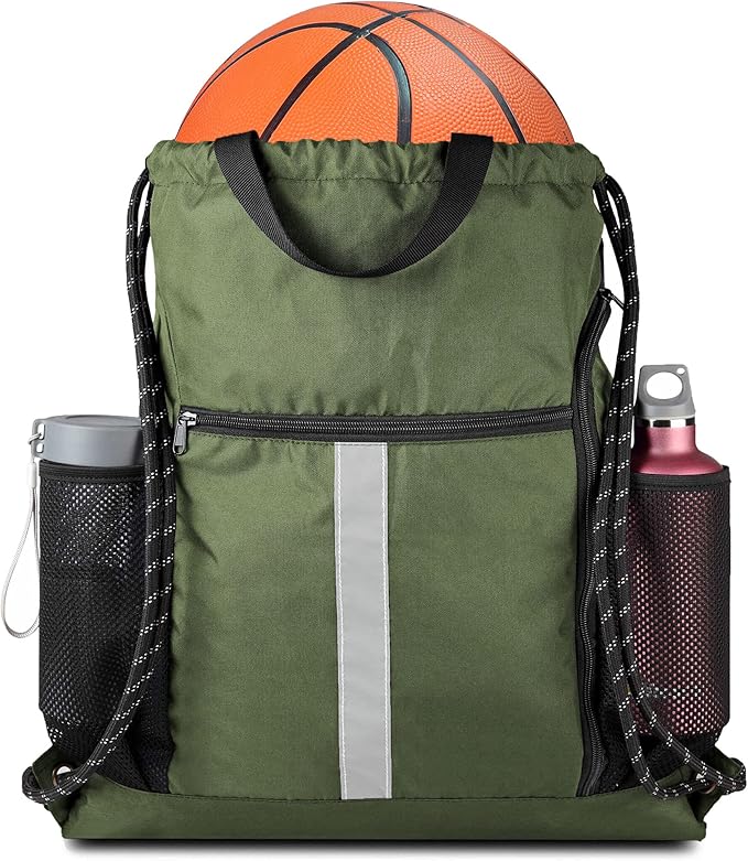 BeeGreen Moss Green Drawstring Bag Pack Sport Cinch Sack with Shoe Compartment and Two Side Mesh Pockets Heavy Duty Gym String Backpack for Unisex