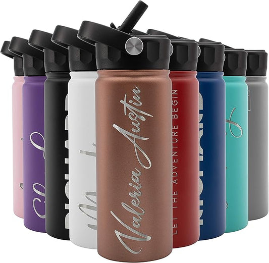 Amazing Items Personalized Water Bottle w/Straw & Lid, 18 oz - Rose Gold | Custom Stainless Steel Sports Water Bottle w/Name and Text - Double-Wall, Vacuum Insulated - Rotating Handle