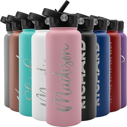 Amazing Items Personalized Water Bottle w/Straw & Lid, 40 oz - Pink | Custom Large Stainless Steel Sports Water Bottle w/Name and Text - Double-Wall, Vacuum Insulated - Rotating Handle