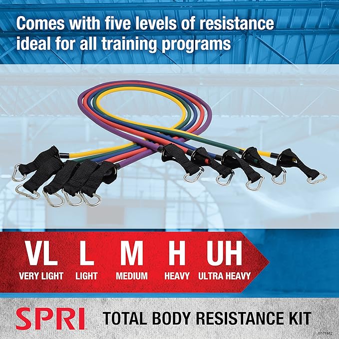 SPRI Resistance Band Kit - Resistance Training Interchangeable Tubes for Full Body Toning - Includes 5 Exercise Bands, Ankle/Wrist Strap with Padded Handles, Door Anchor, Exercise Guide, Carry Bag